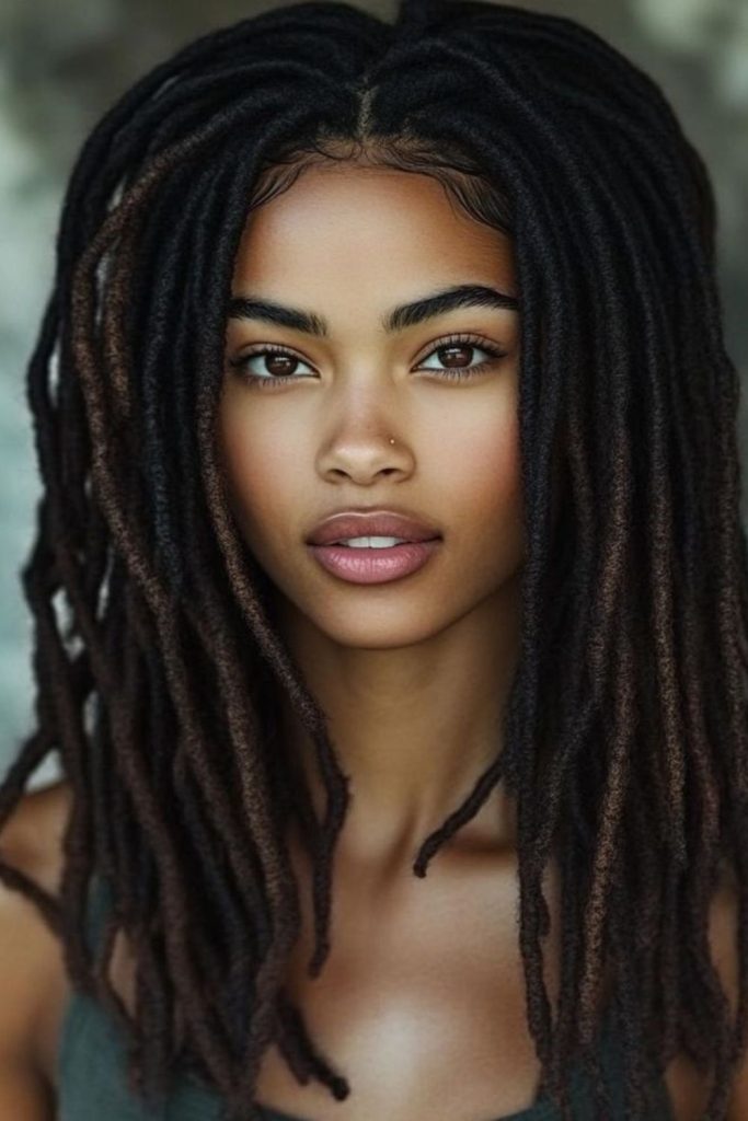 Sleek middle-part flowing loc look