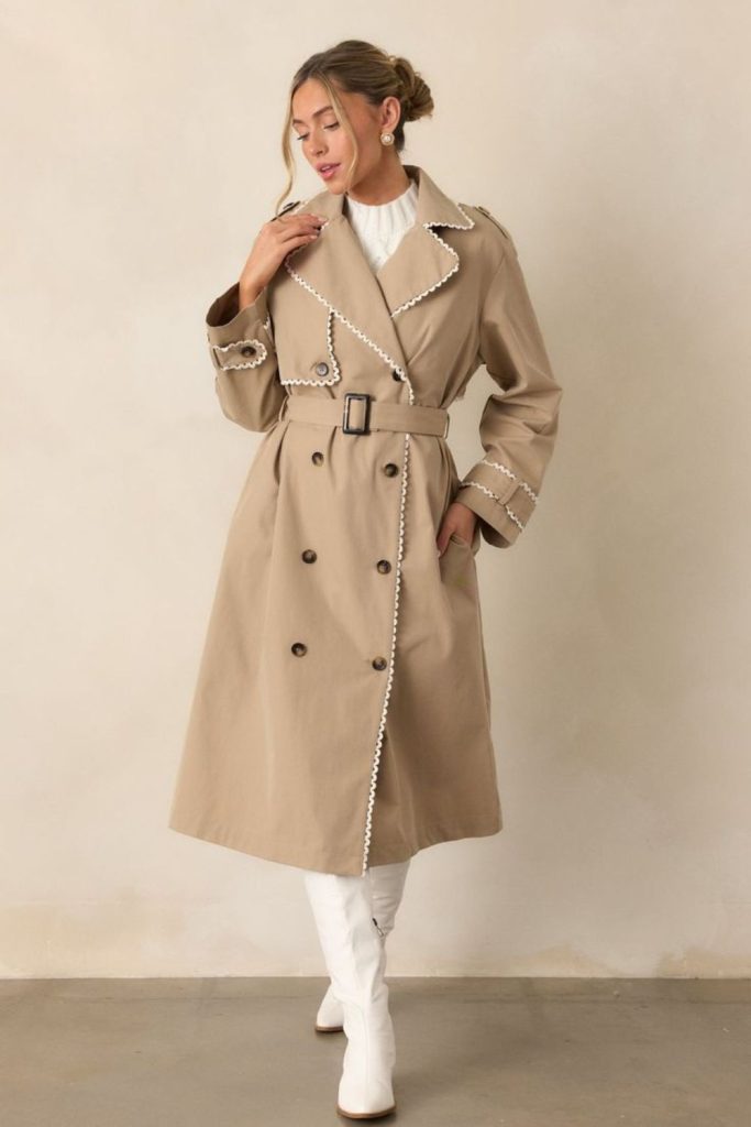 Taupe layered coat casual street fashion.
