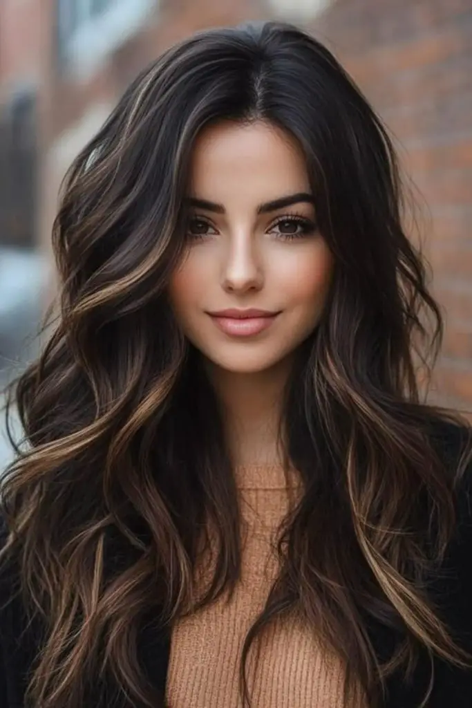 Smoky caramel drift on dark hair