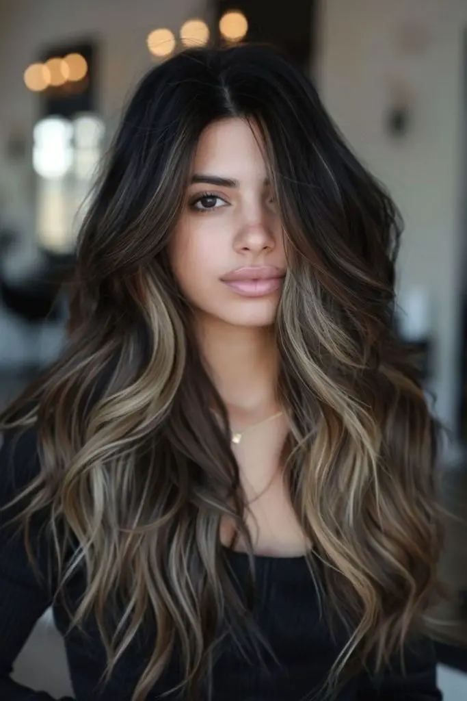 Smoky topaz balayage on dark waves