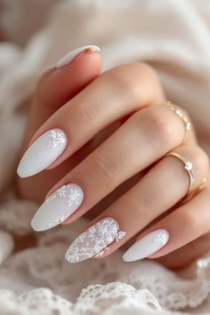 Snow veil sheer frosted wedding nails.