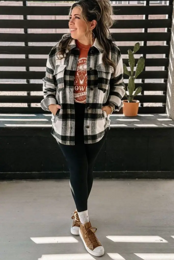 Checkered shacket with faux leather pants.