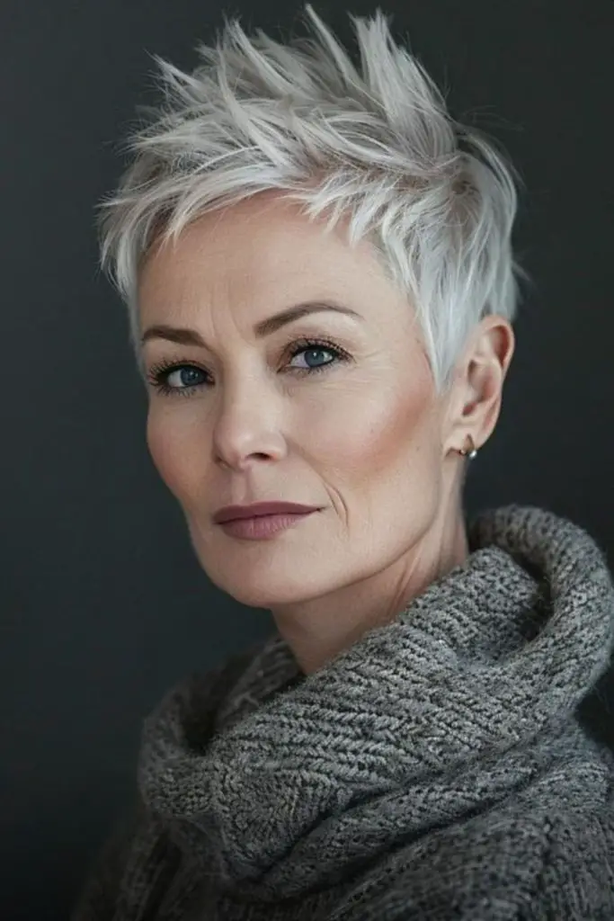 Short pixie fade with snowy tone.