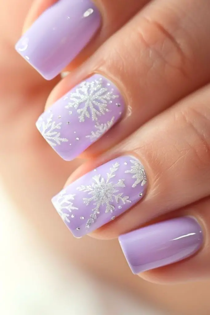 Lilac nails delicate white snowflake patterns