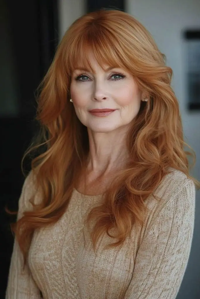 Auburn flowing layers with relaxed bangs.