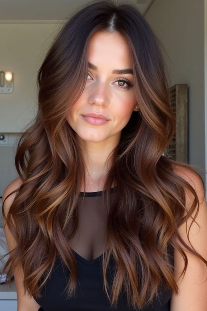 Soft chestnut caramel waves brunette glow.