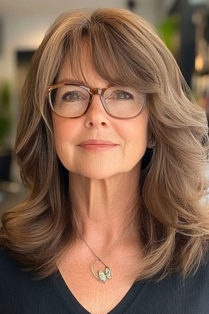 Mocha layered hair with neat fringe.