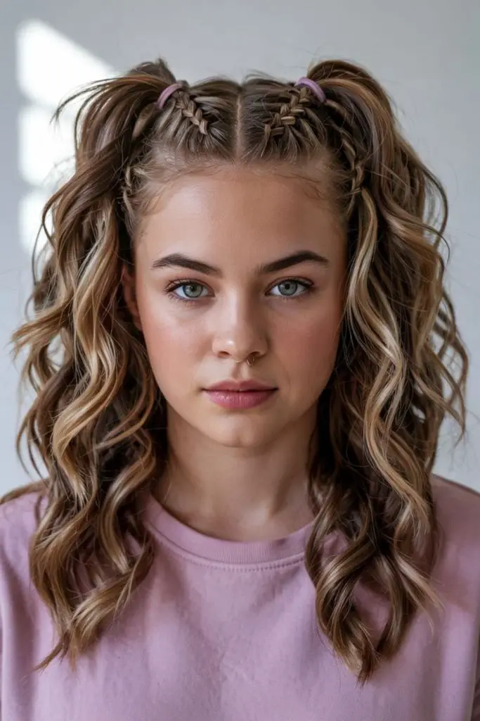 Curly pigtail poufs with volume