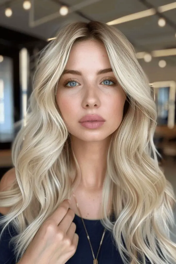 Soft ash blonde highlights with shimmer