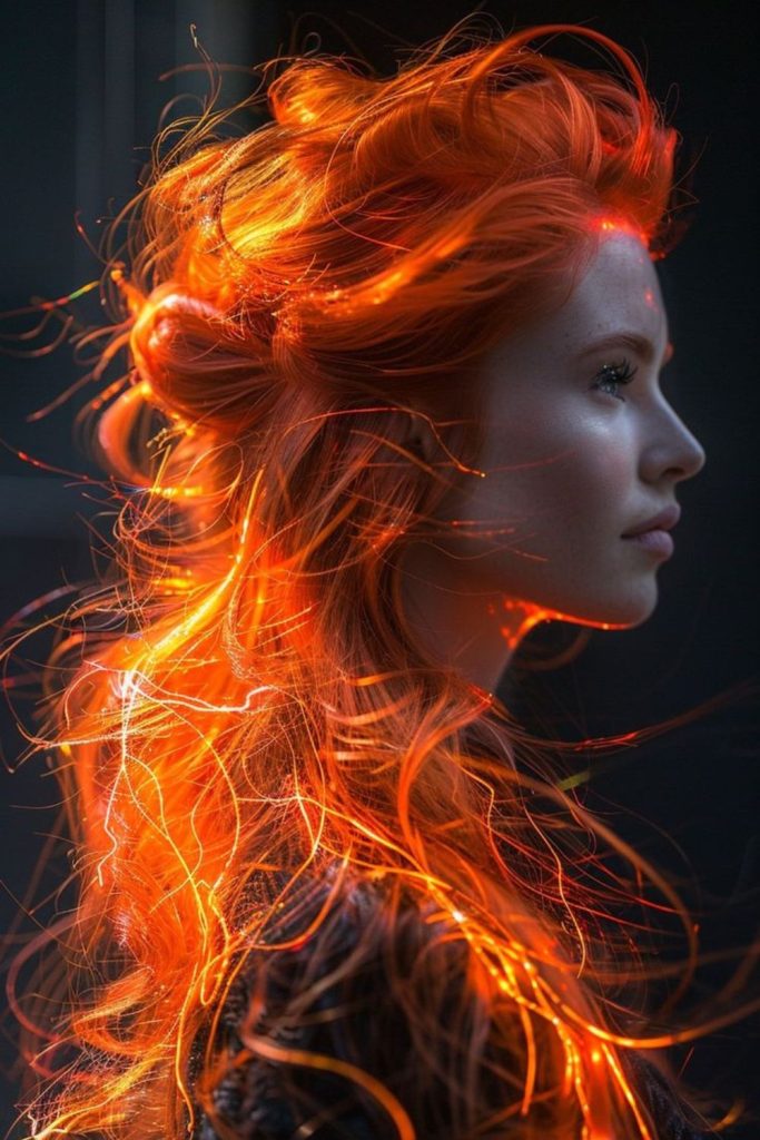 Ember sorceress crowned with ruby hair.