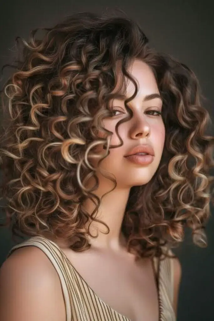 Asymmetrical side-swept voluminous curls