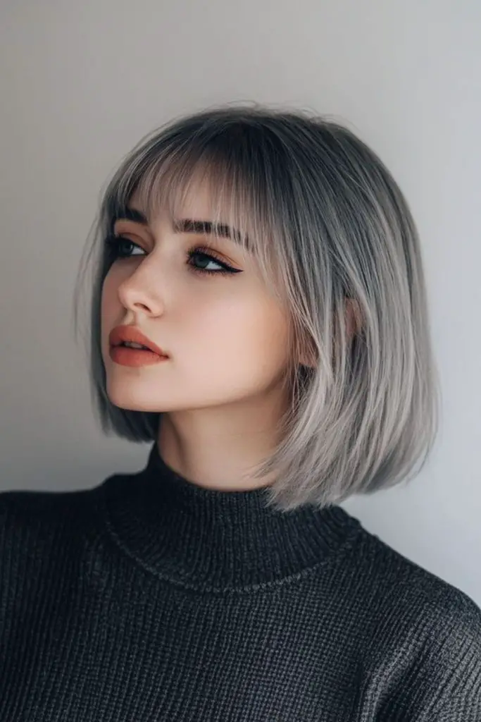 Curved silver-toned bob with ethereal texture.