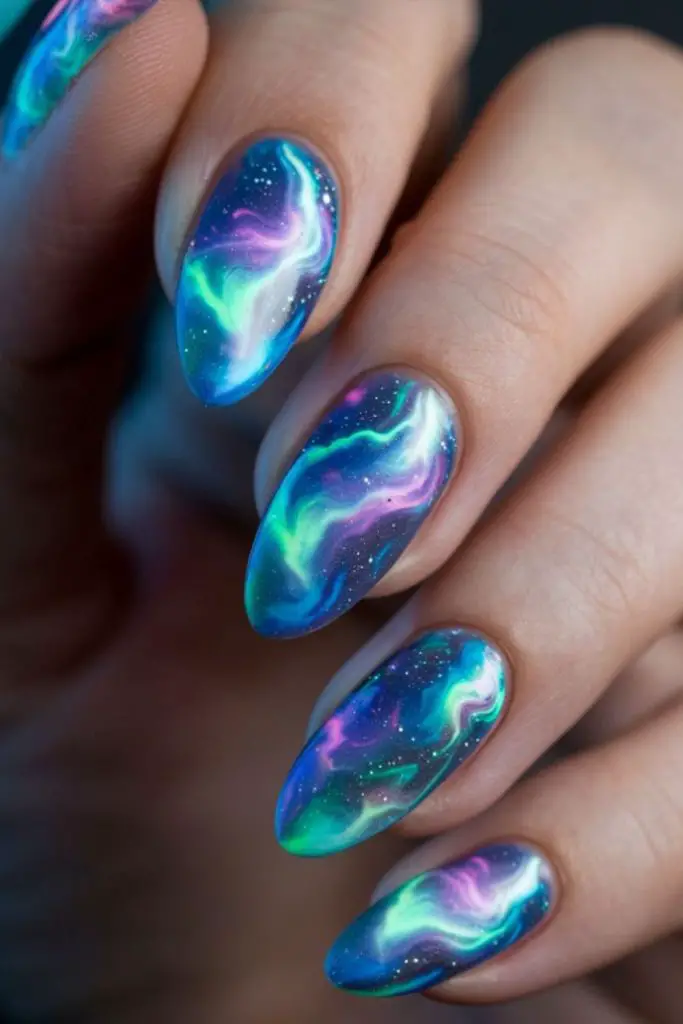 Vibrant neon starry acrylic nail design