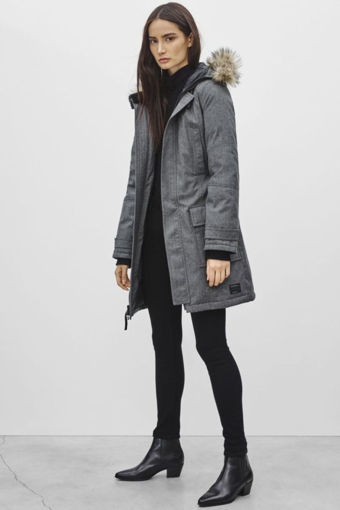 Grey parka with cargo trousers.
