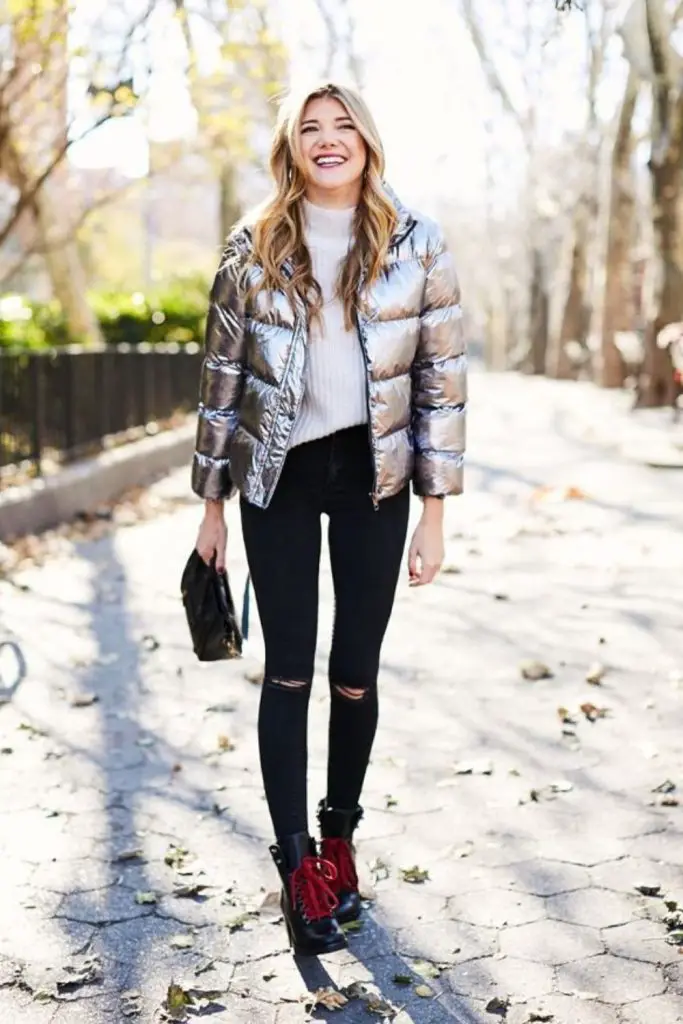 Silver bomber with leather trousers.