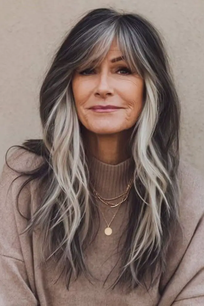 Steel grey waves with straight bangs.