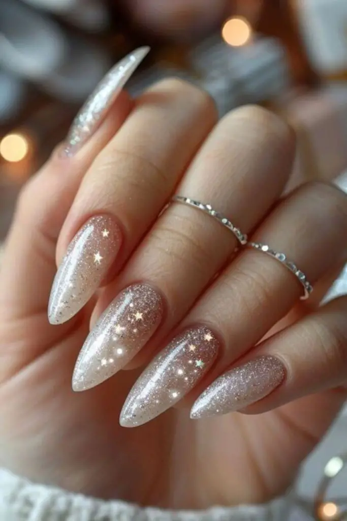Beige nails white drizzle sparkling winter