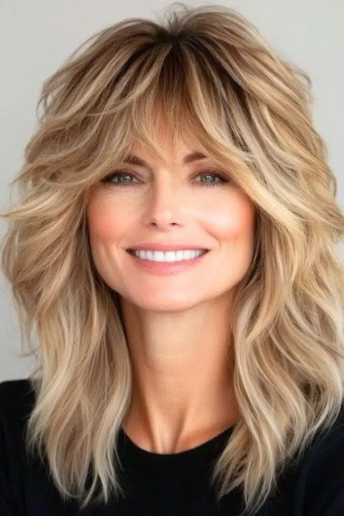 Sunset layered hair with soft bangs.
