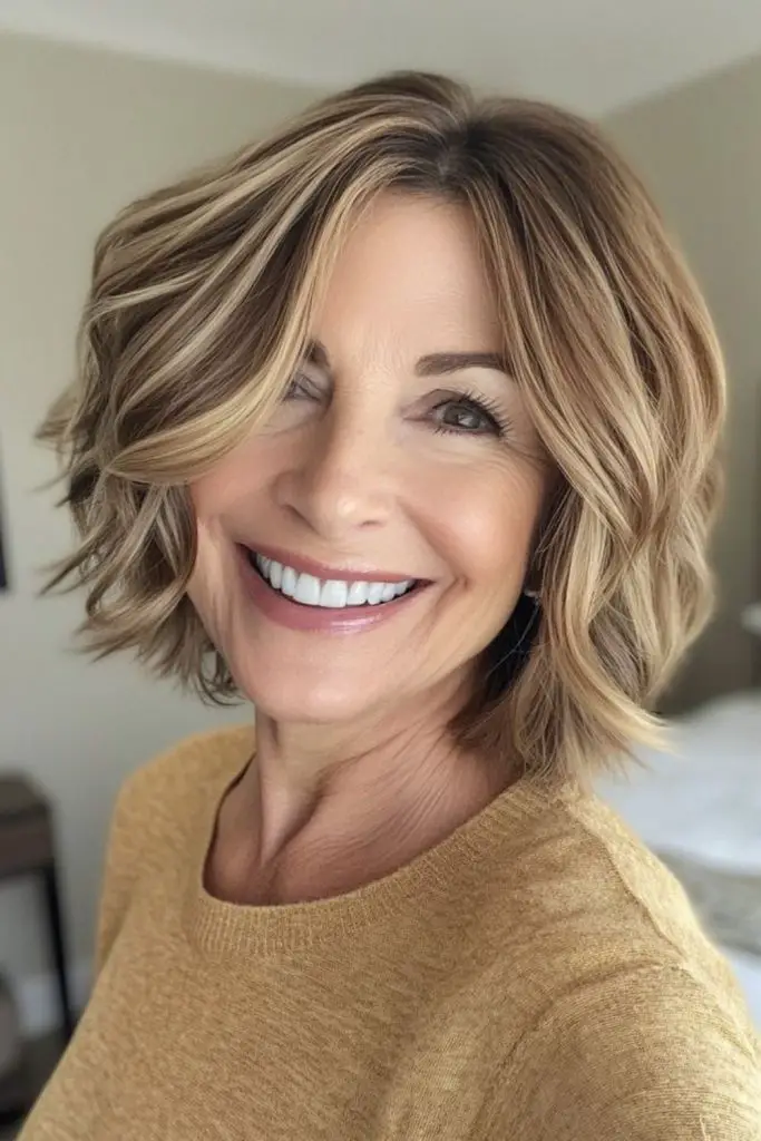 Wavy textured bob for casual charm.