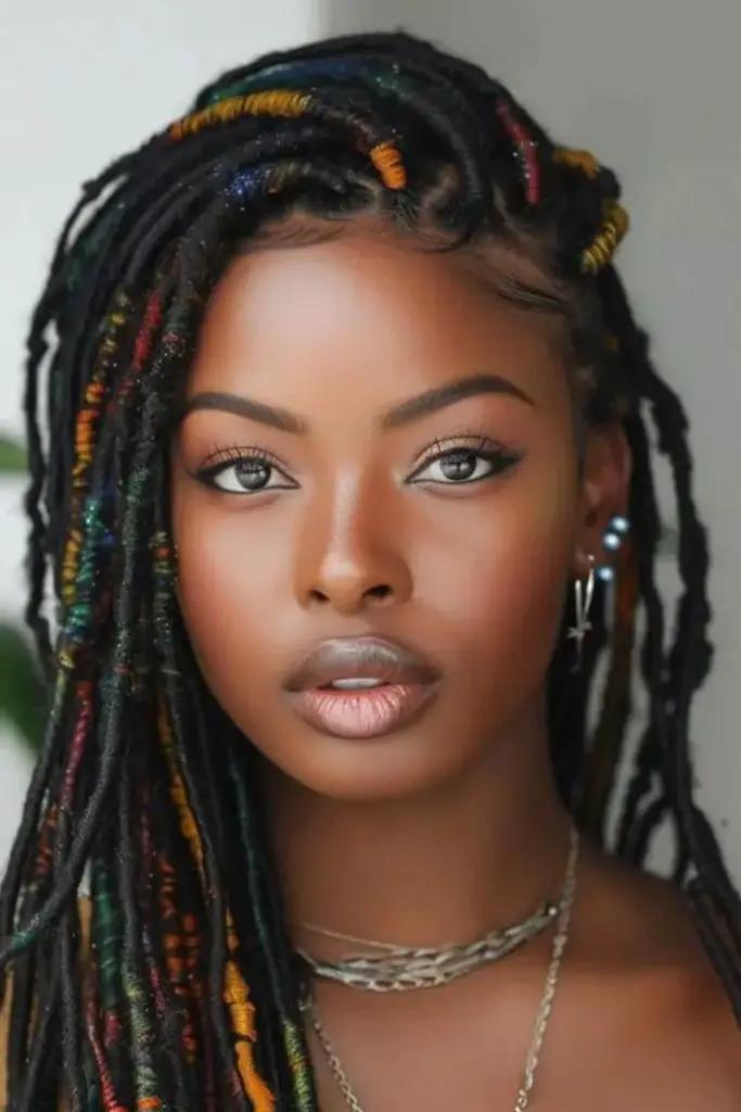 Side-swept locs cascading with flair