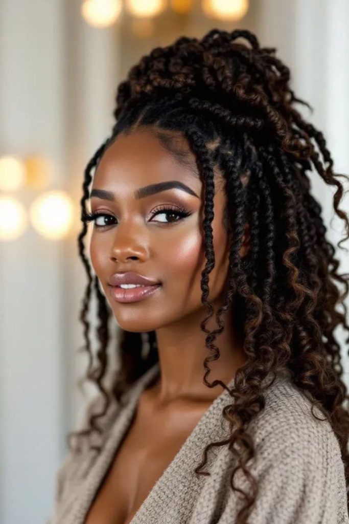 Tall stacked top knot locs