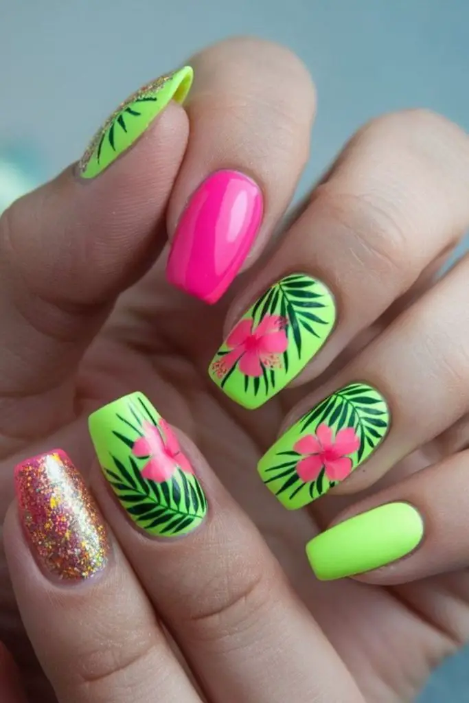 Tropical leaf neon green nails.