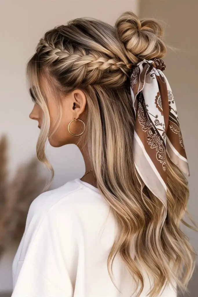 Tulle-wrapped half-up with gentle curls