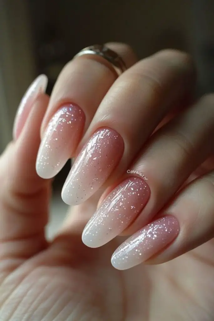 Twilight glitter fade ombre bridal nails.