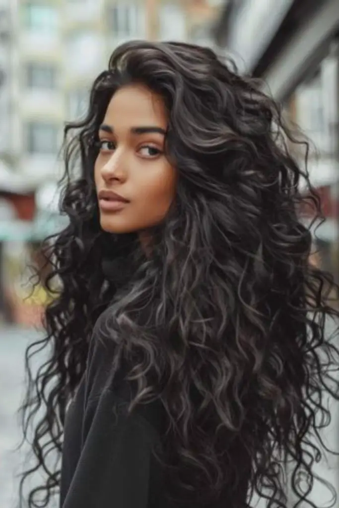 Long layered curls flowing in motion
