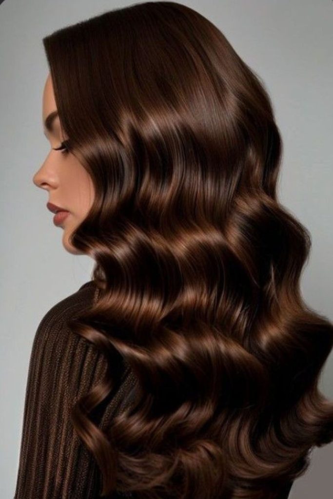 Velvet brown shimmer glossy brunette look.