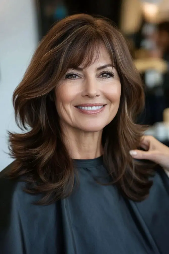 Velvet brunette layers with side bangs.