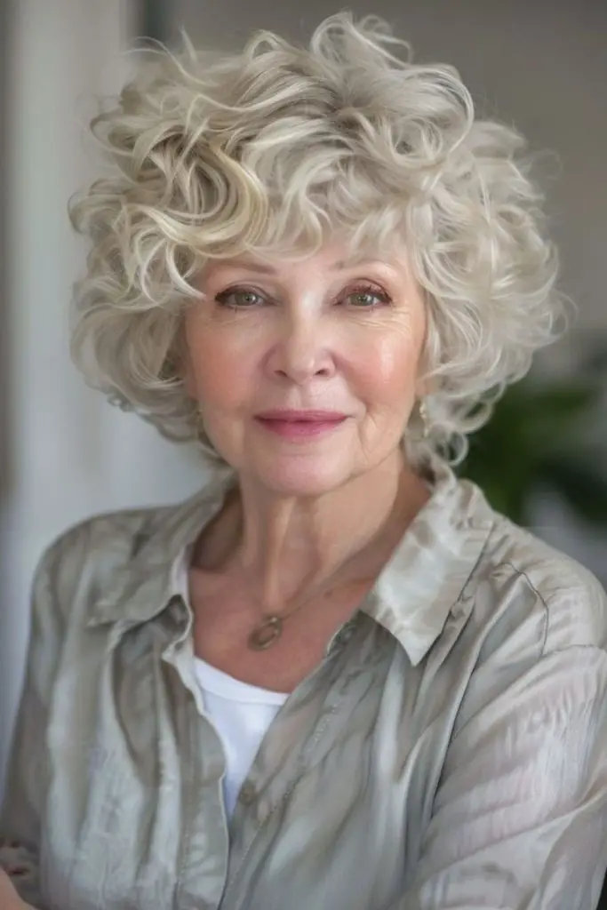 Voluminous curls shaped into soft crown.
