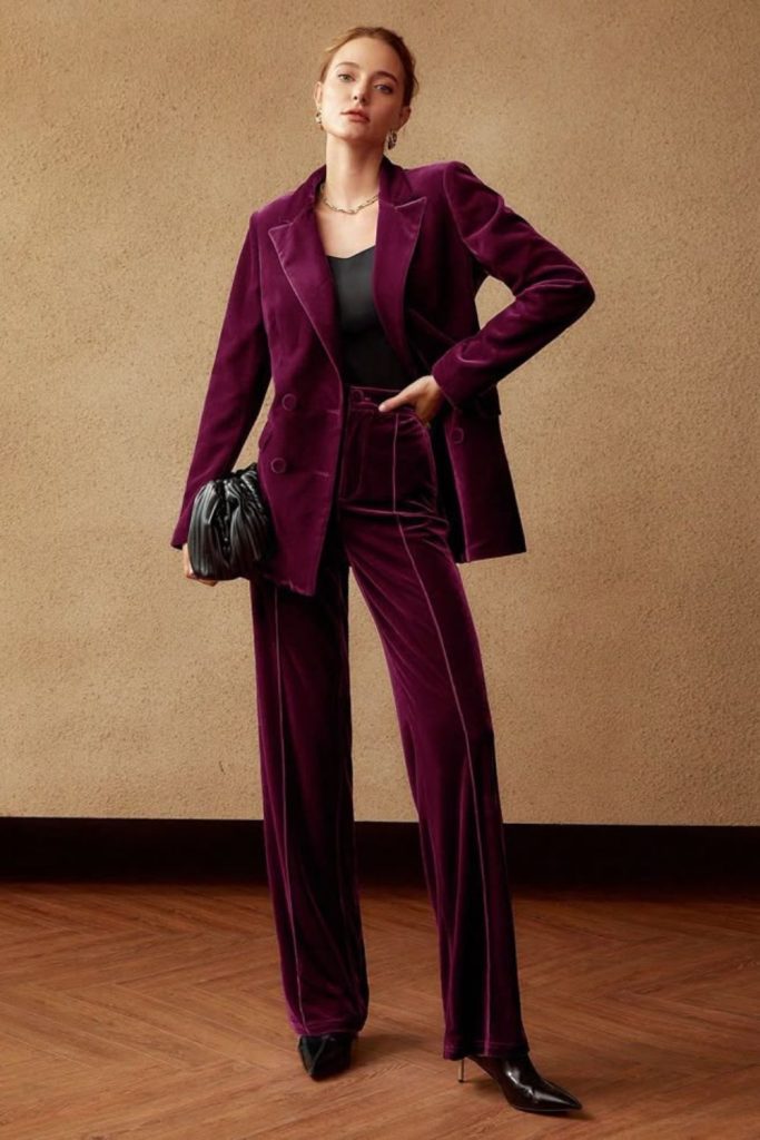 Burgundy velvet blazer leather boot ensemble