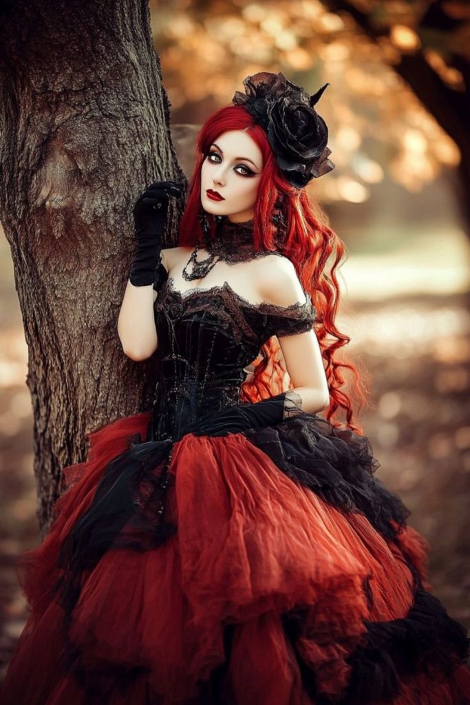 Victorian duchess with crimson curls.