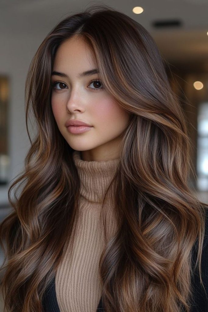 Walnut toffee swirl glossy brunette highlights.