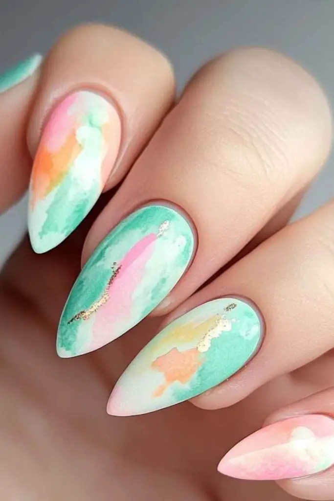 Pastel watercolor artistic dreamy nail design
