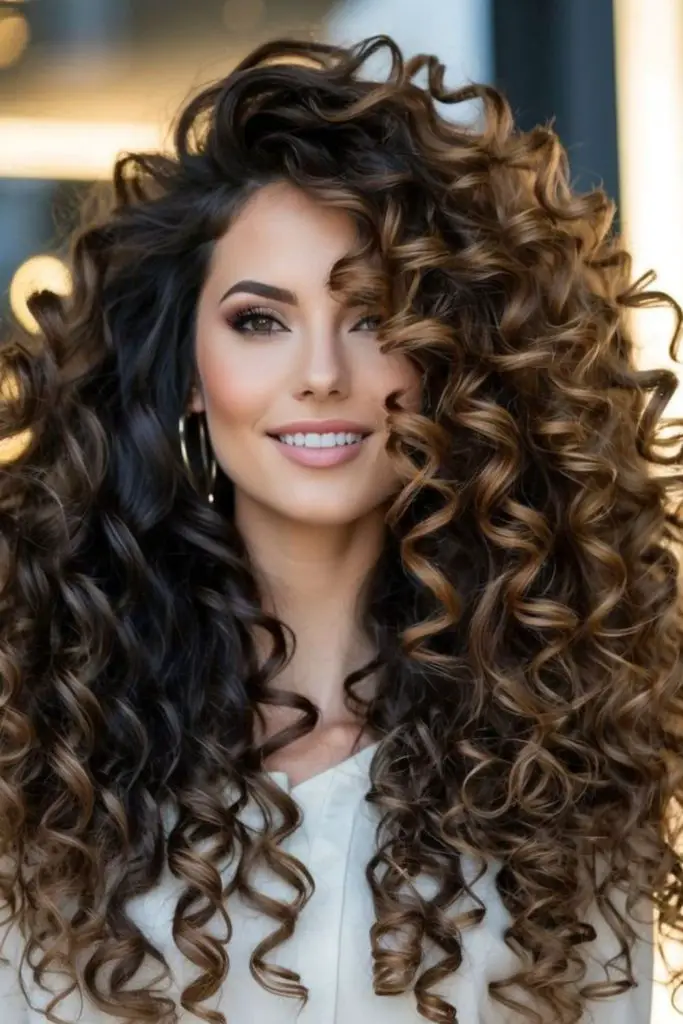 Long layered curls cascading like vines