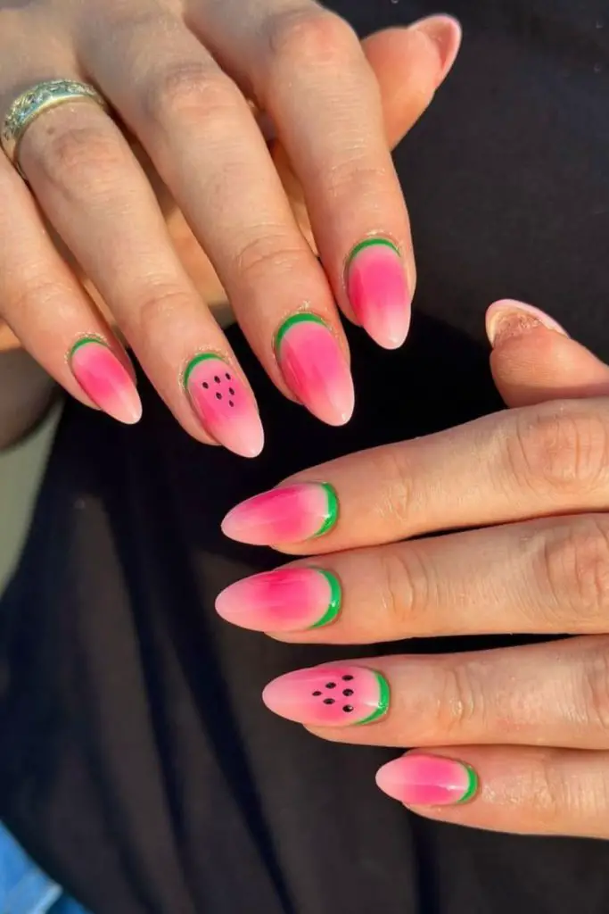 Watermelon slice fruity nail design.