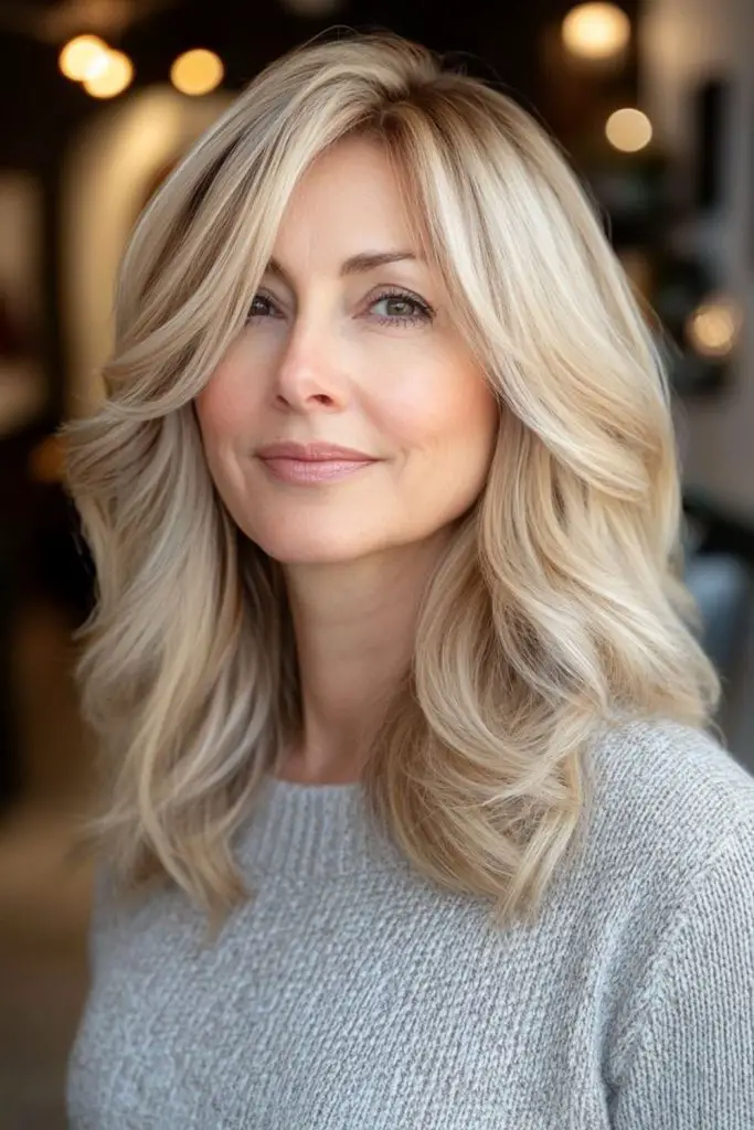 Blonde layered waves for older women.