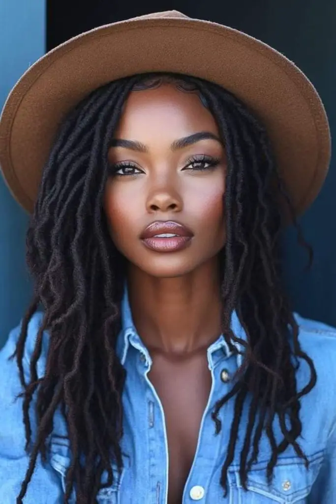 Locs flowing under soft brimmed cap