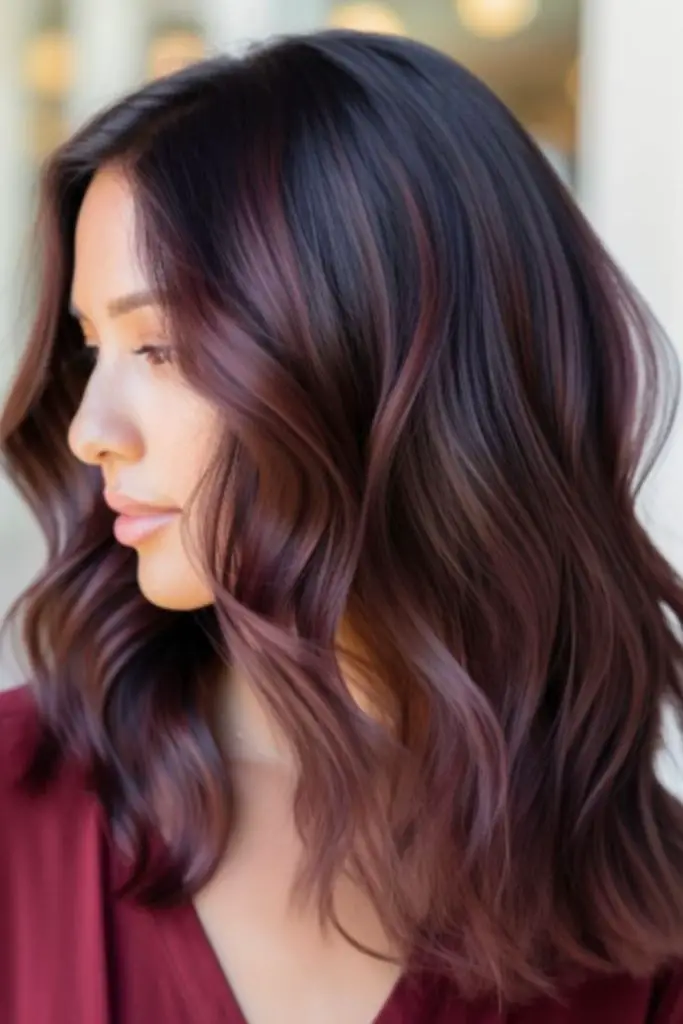 Wine-blushed shadow highlight across dark hair