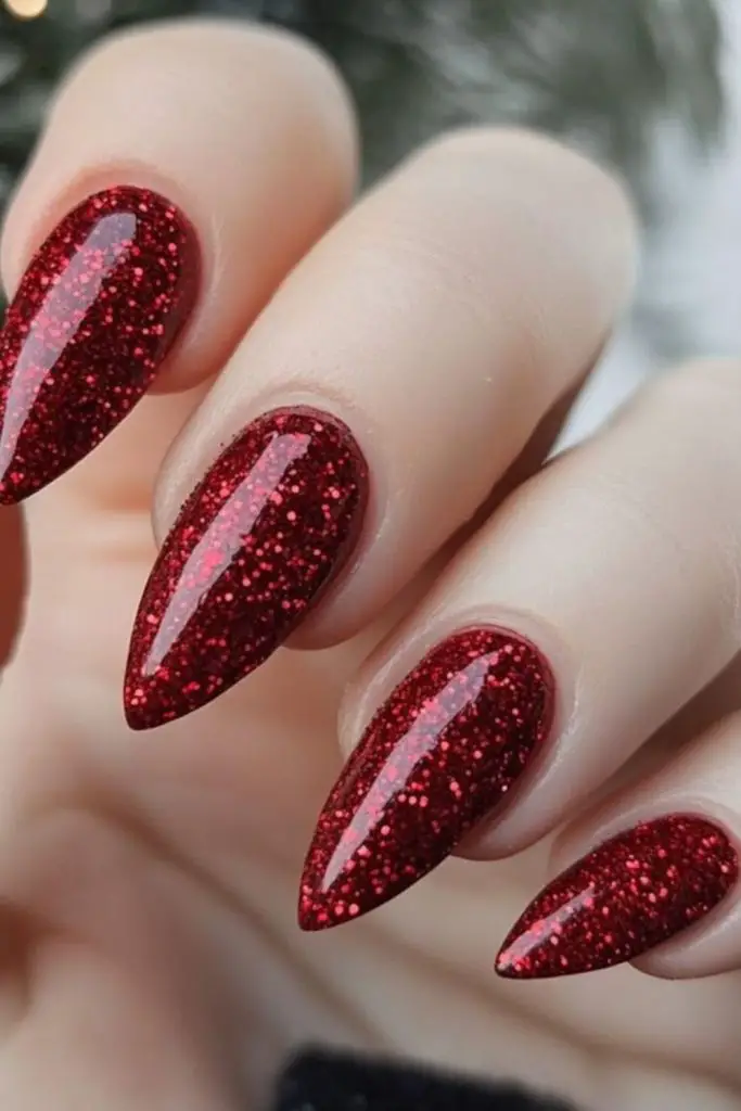 Red magenta nails subtle winter sparkle