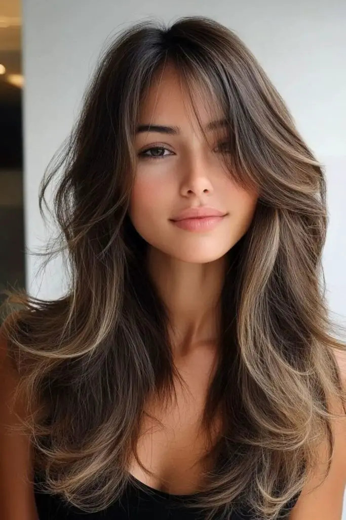 Halo-like wispy layered 90s hairstyle