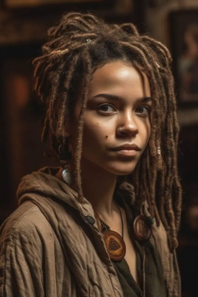 Unstyled swooped locs with fuzzy roots