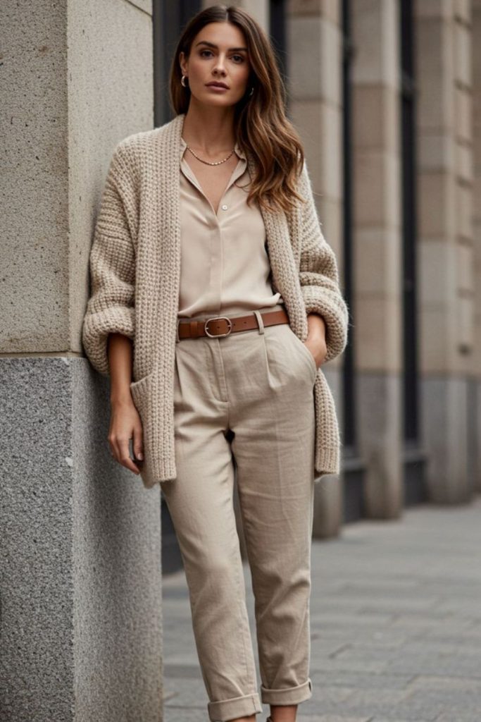 Oatmeal cardigan with straight trousers