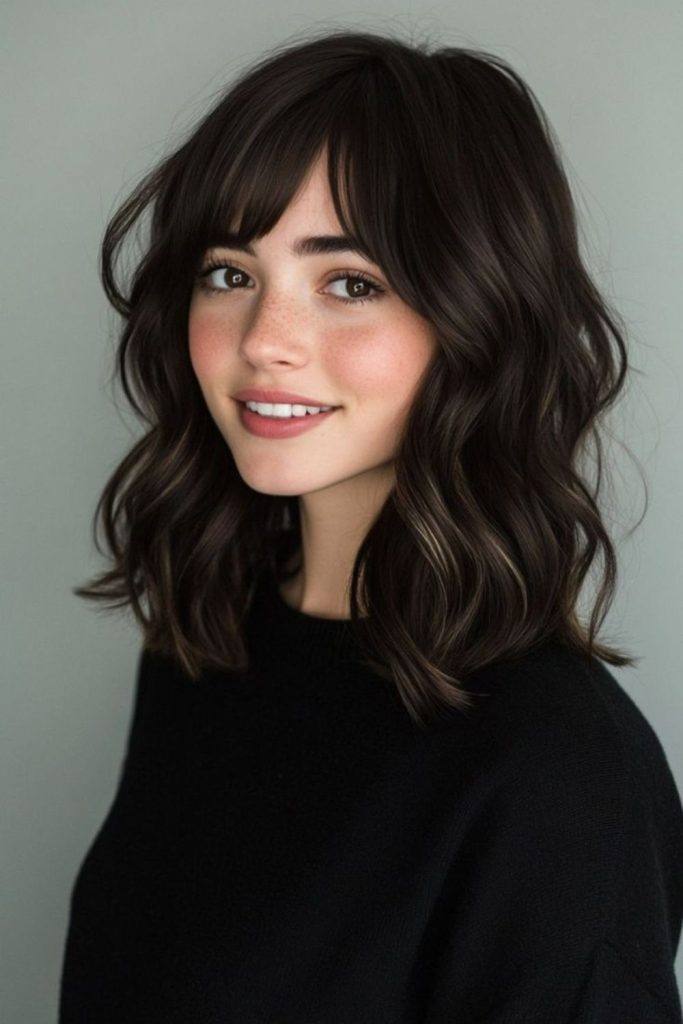 Airy lob haircut with curtain bangs