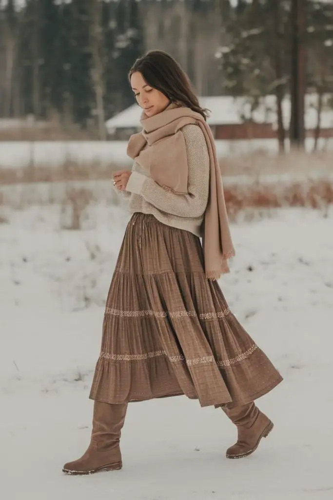 Cozy alpine knit with suede skirt