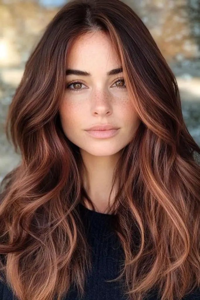 Dark brown hair with amber highlights.