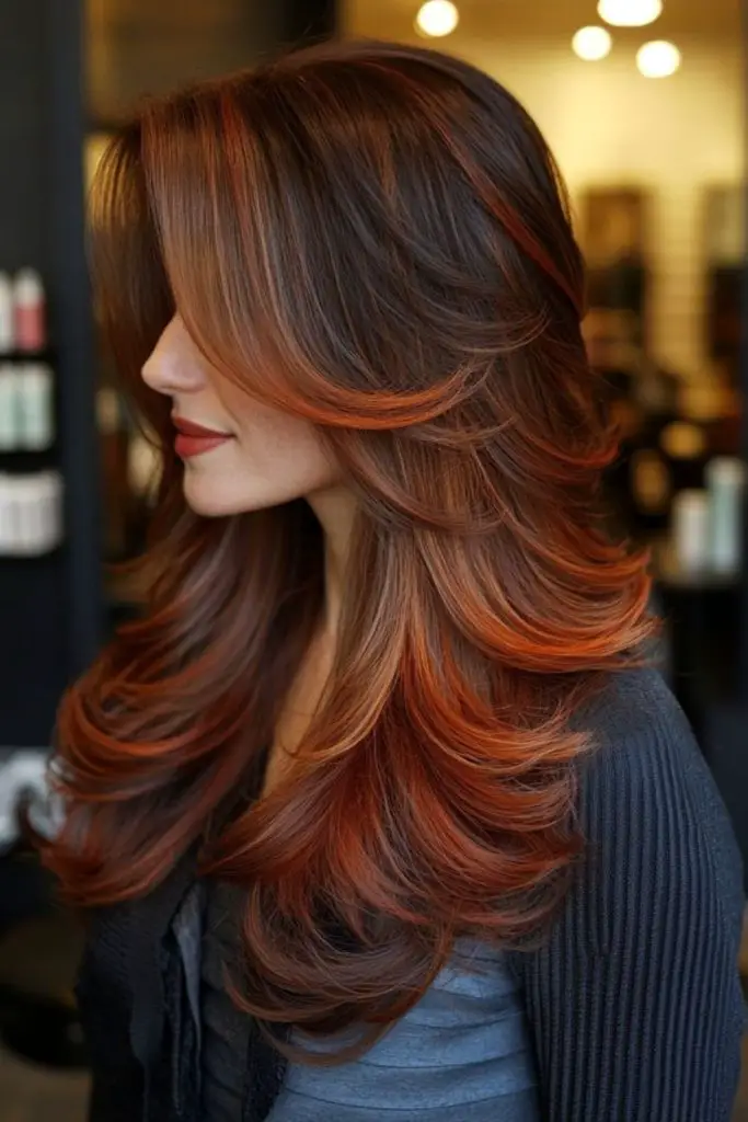 Amber stream caramel through layered brunette