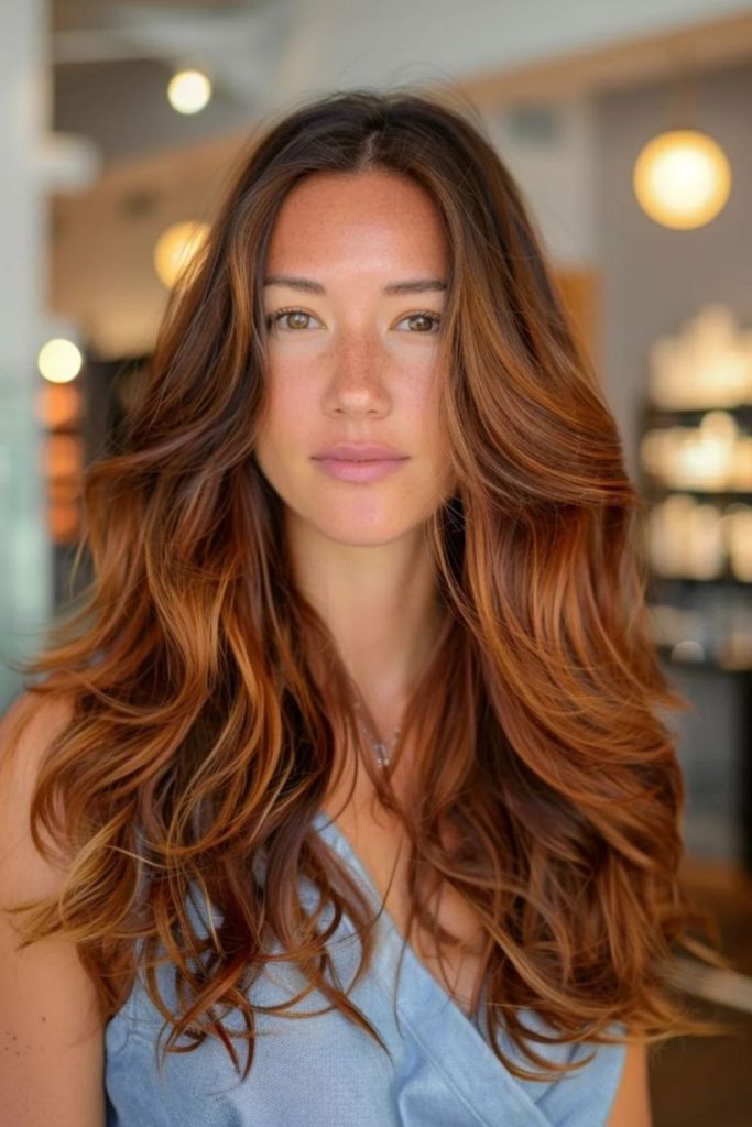 Amber sunlit layers glowing fall hair